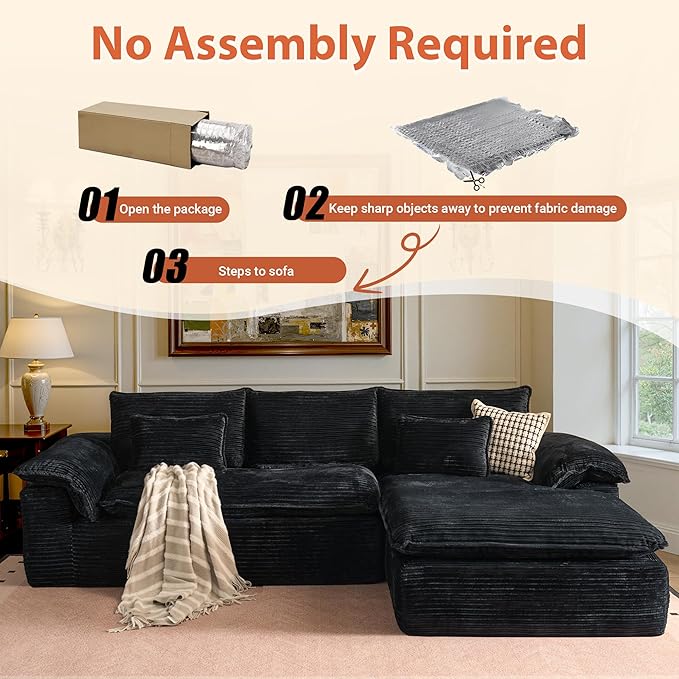 113 in Oversized Cloud Sofa with L Shape Chaise, Sectional Couches for Living Room, Assembly Free Modular Comfy Corduroy Sofa with Right Facing Chaise Longue for Home Apartment (Right Chaise, Black)