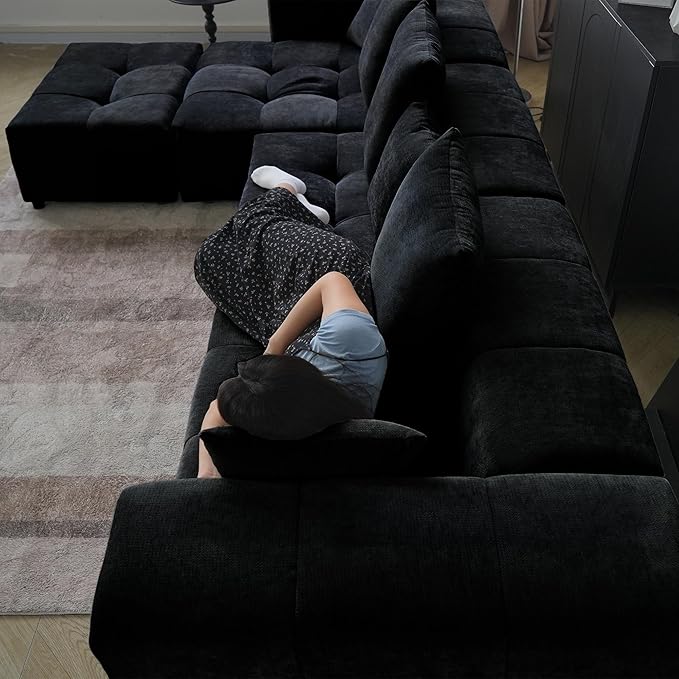 WJShome 144" Sectional Couches for Living Room,Modular Sectional Sofa, U Shaped Couch, Linen Deep Seat Cloud Couches with Pillow for Living Room,Black