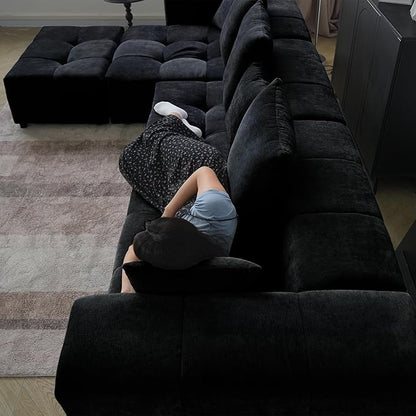 WJShome 144" Sectional Couches for Living Room,Modular Sectional Sofa, U Shaped Couch, Linen Deep Seat Cloud Couches with Pillow for Living Room,Black