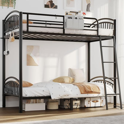 Twin Bunk Beds for Teen & Adults, Heavy Duty Metal Bunk Bed Twin Over Twin with Bedside Caddy, Convertible Ladder & Flat Rungs, Space Saving Bunkbed Frame for Bedroom Dorm, No Box Spring Needed