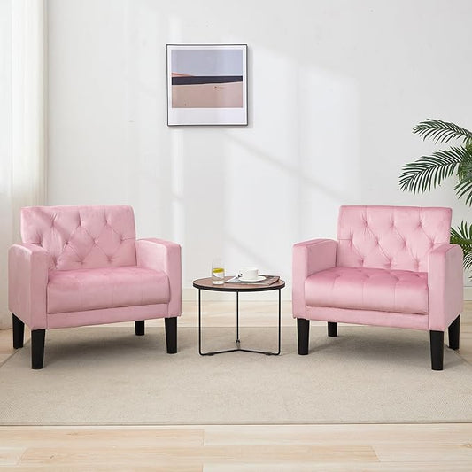 TYBOATLE Accent Chairs Set of 2, Mid Century Modern Upholstered Tufted Living Room Chair for Bedroom, Armchair Single Sofa,Reading Lounging Side Lounge Office Chair (Pink)