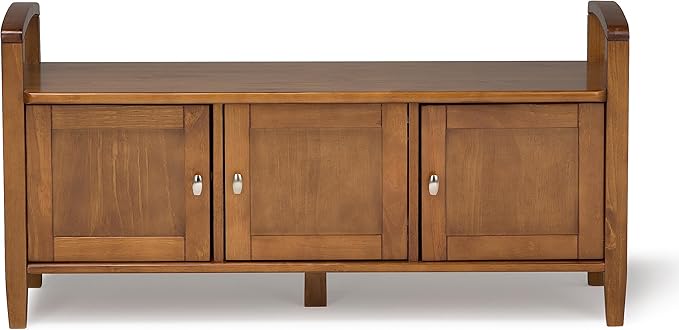 SIMPLIHOME Warm Shaker Entryway Storage Bench - 44 inch Wide Solid Wood Storage Seat in Light Golden Brown, Transitional Bench Seat for Mudroom or Living Room with Lift-Up Lid and Shaker-Style Panels