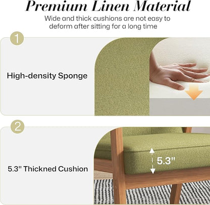 KCC Mid-Century Modern Linen Fabric Accent Chair, Upholstered Tufted Leisure Chair Comfy Reading Side Chair with Armrest and Solid Wood Frame for Living Room Bedroom Balcony(Green)