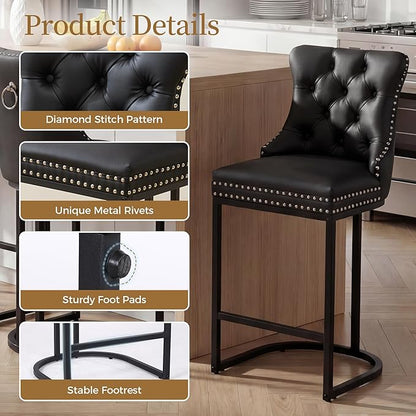 Counter Height Bar Stools Set of 3 for Kitchen Island, Modern Bar Stools with Backs, 26 Inch Barstools with Upholstered Faux Leather Seat and Metal Frame, Black