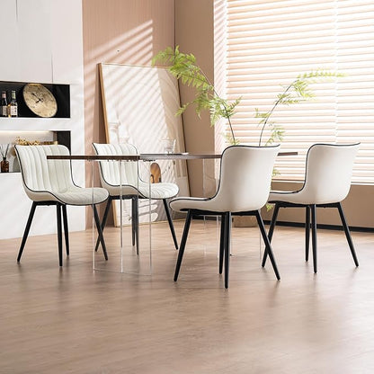 YOUNUOKE Mid-Century Modern Dining Chairs Set of 2, White PU Leather Upholstered Kitchen Chairs with Black Metal Legs, Armless Accent Chair for Dining Room, Guest Reception Room