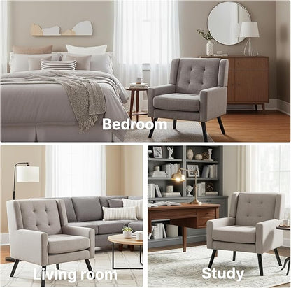 Mid-Century Modern Accent Chair, Plush Linen Fabric with Button Tufted High Back & 5" Thick Cushion, High Comfort Reading Chair for Living Room, Bedroom, Office (Light Gray)