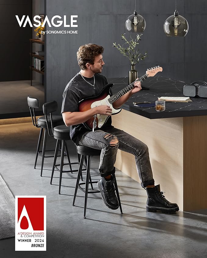 VASAGLE EKHO Collection - Bar Stools Set of 2, Swivel Counter Height Bar Stools with Back, Synthetic Leather with Stitching, Mid-Century Modern, 25.6-Inch Tall Barstools for Kitchen Bar, Ink Black