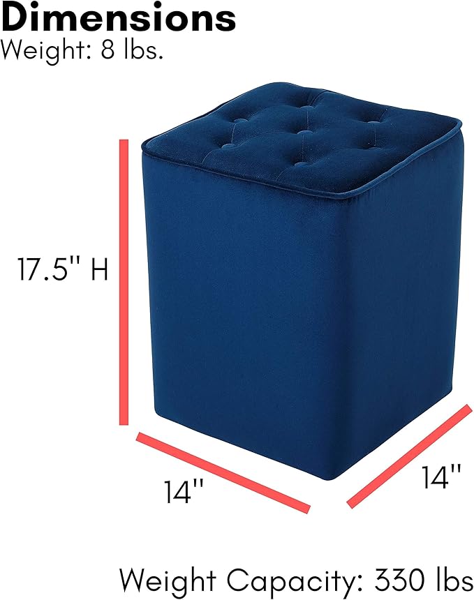 BIRDROCK HOME Tufted Navy Velvet Ottoman Foot Stool - Square - Soft Compact Padded Stool - Great for The Living Room, Bedroom and Kids Room - Upholstered Small Furniture