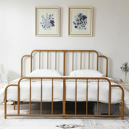 PINJU Metal Platform Bed Frame with Headboard and Footboard, Classic Style, Sturdy Metal Slats, No Box Spring Needed, Easy Installation (Gold, King)
