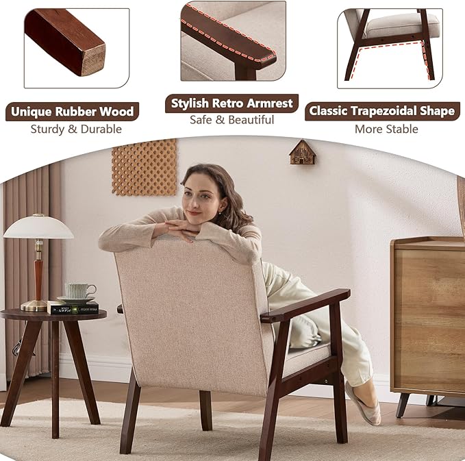 ANJ Mid Century Modern Accent Chair, Armchair for Living Room & Bedroom, Tufted Fabric Upholstered Side Chair with Solid Wood Legs, Comfortable Single Seater Reading Chair, Beige