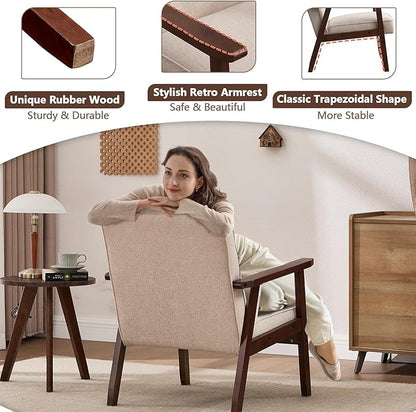 ANJ Mid Century Modern Accent Chair, Armchair for Living Room & Bedroom, Tufted Fabric Upholstered Side Chair with Solid Wood Legs, Comfortable Single Seater Reading Chair, Beige