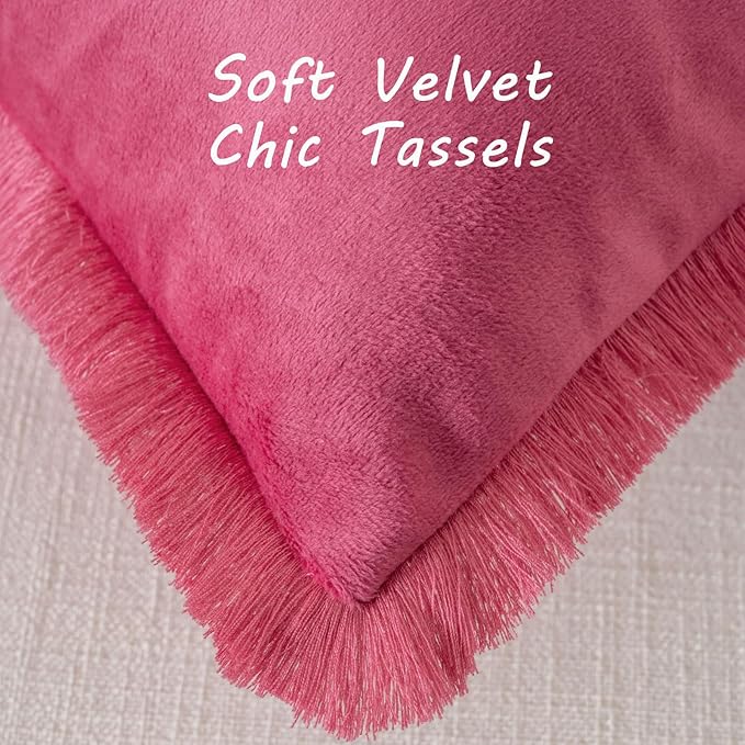 FUTEI Hot Pink Velvet Decorative Throw Pillow Covers 18x18 Set of 2,Soft Cozy Edge with Tassels Cushion Case,Boho Modern Home Decor for Couch Bed Living Room