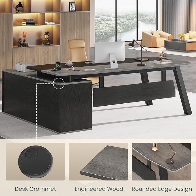 SEDETA 71" Executive Desk with File Cabinet, Large Office Desk with Drawers and Shelves, L Shaped Computer Desk with Power Outlets, Business Furniture Desk Workstation for Home Office, Gray