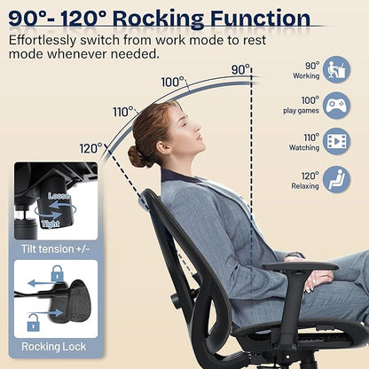 Ergonomic Office Chair, Mesh Computer Desk Chairs with Adjustable Lumbar Support, 3D Armrests, Tilt Function, Comfy Wide Seat, Swivel Executive Work Task Chair for Company and Home