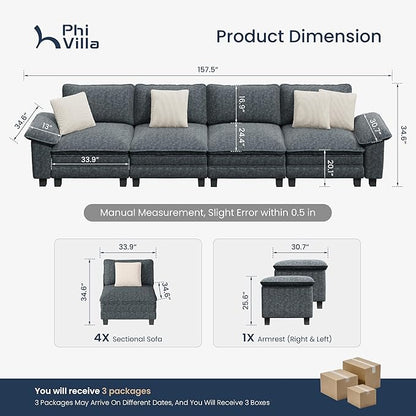 PHI VILLA Cloud Modular Couches Sets, 157.5" Sectional Sofa with Upholstered Deep Seat, 4-Seater Long Couches for Living Room Apartment, Chenille Fabric, Dark Cyan
