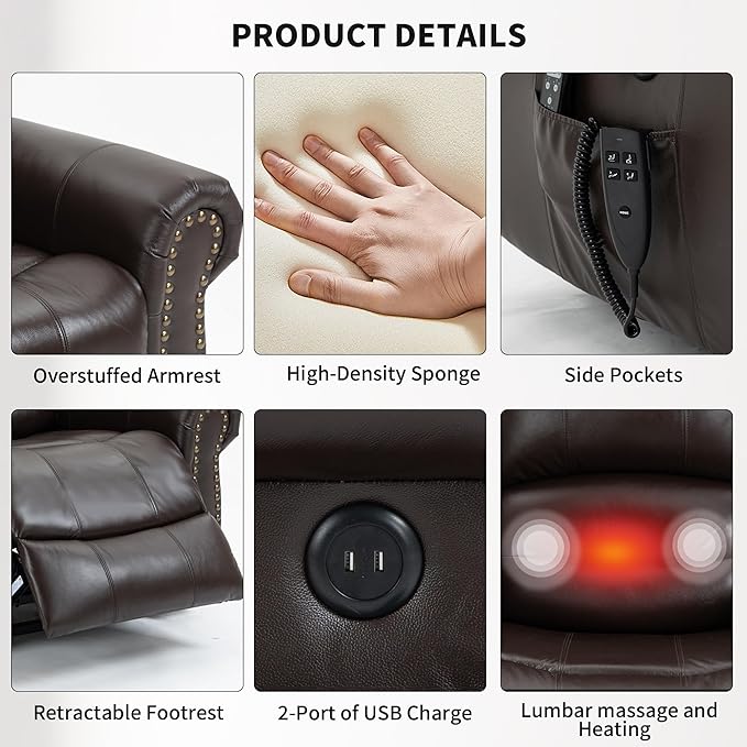 Recliner Chairs for Adults, Oversized Bedroom Chair with Massage, Sofa Chair Home Theater Seating with Lumbar Support, Lift Chair for Elderly, Nursery Chair for Living Room (Genuine Leather)