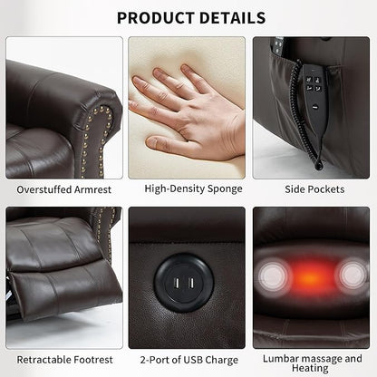 Recliner Chairs for Adults, Oversized Bedroom Chair with Massage, Sofa Chair Home Theater Seating with Lumbar Support, Lift Chair for Elderly, Nursery Chair for Living Room (Genuine Leather)