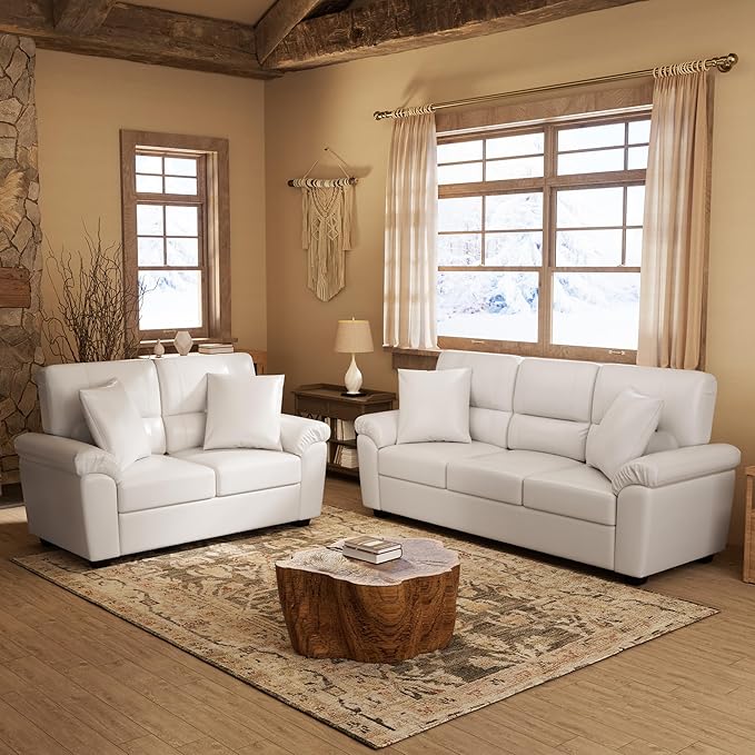Morden Fort Faux Leather Loveseat and 3 Seater Sofa Set, Modern Luxury Furniture with Removable and Easy to Clean Cushions, Skin-Friendly Wide Arm for Living Room Apartment Office Lounge, White