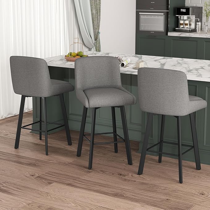 Swivel Bar Stools Set of 6, 26''H Upholstered Barstools with Backs, Modern Counter Height Bar Stool Chairs for Kitchen Island, Metal Legs, Fabric, Gray Counter Stools