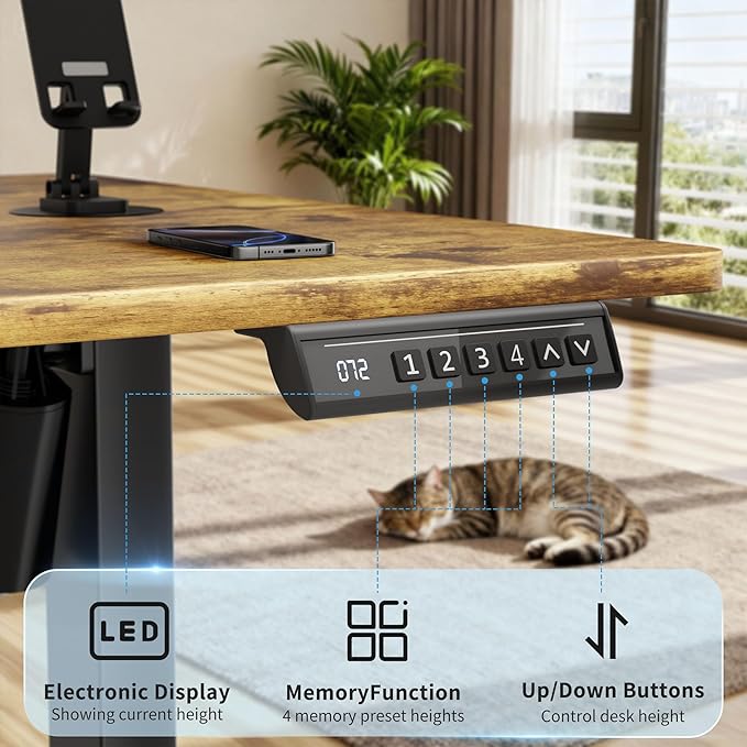 Shahoo 45.2 Inch Standing Desk, Electric Height Adjustable Computer Desks with Hook and Cable Hole, Rustic Brown