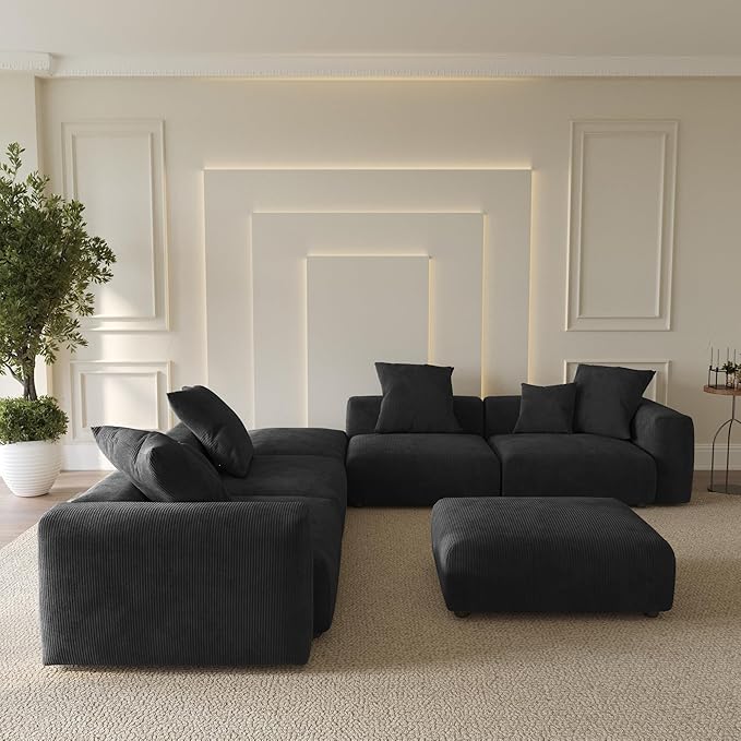Oversized Modular Sectional Sofa with Ottomans,6 Seater Corduroy V Shaped Reversible Corner Couch,141.73" Convertible Sofa & Couch Free Combination for Living Rooom,Black