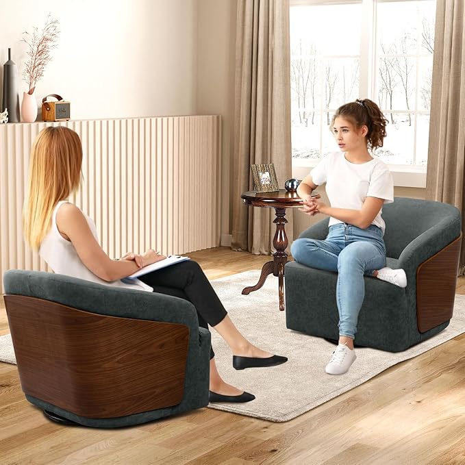 Swivel Accent Chair Faux Leather Swivel Barrel Chair Comfortable Mid Century Modern Chair Upholstered Metal Base Armchair for Living Room Bedroom Office Large Vintage Blue