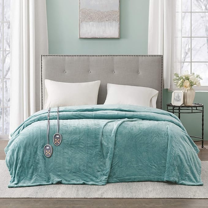 Beautyrest Heated Plush Elect Electric Blanket with 20 Heat Level Setting Controllers Equip with Secure Comfort Technology and 10 Hours Auto Shut Off, Twin: 62x84, Aqua,BR54-0903