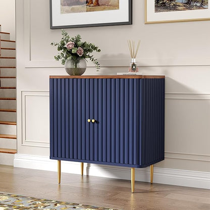 HLR Sideboard Buffet Cabinet with Fluted Texture, White Accent Cabinet with 2 Doors, Modern Credenza Storage for Kitchen Living Room, Entryway (Blue, 2Piece)
