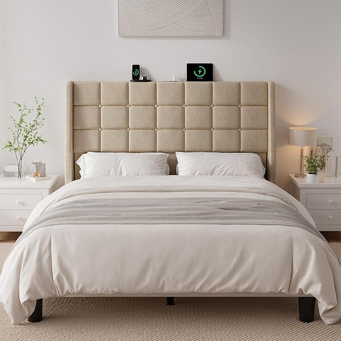 Ergonomic Upholstered Headboard Queen Size w/Charging Station, Linen Wingback Headboards w/Storage Pocket, Queen Headboard Only, Bed Frame Adapters, Sturdy Stable Solid Wood Bed Head Board, Beige