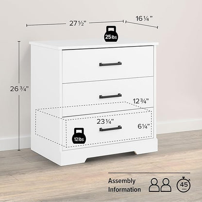 Prepac Rustic Ridge Farmhouse Nightstand Bedside Table, White Nightstand for Bedroom, End Table with 3 Drawers 16.25"D x 27.5"W x 26.75"H