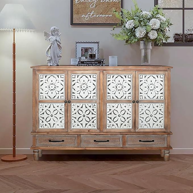 Accent Cabinet with 4 Doors & 3 Drawers, Hollow Carved Storage Sideboard, Wood Buffet Cabinet for Living Room, Dining Room, Entryway (4-Door + 3 Drawers)