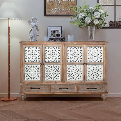 Accent Cabinet with 4 Doors & 3 Drawers, Hollow Carved Storage Sideboard, Wood Buffet Cabinet for Living Room, Dining Room, Entryway (4-Door + 3 Drawers)