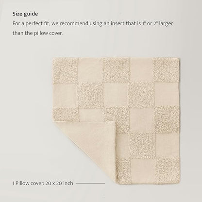 Double Stitch 100% Cotton Throw Pillow Covers - Checkered Tufted Boho Decorative Pillow Covers 20x20, Made in India, Square Cushion Case, Modern Home Decor for Couch, Sofa, Living Room, Beige