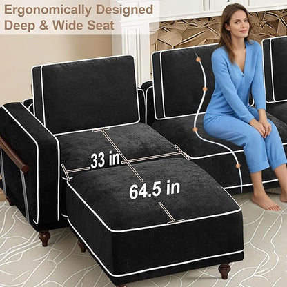 112" Cloud Modular Sectional Sofa,Oversized Deep 3 Seater Couch with Armrests Wooden Legs,Comfy Thicked Cushion Upholstered Sofa for Living Room Bedroom,Black