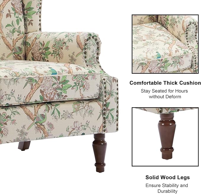 Accent Chair, Upholstered High Back Floral Armchair with Nailhead Trim & Wood Legs, Comfy Wingback Reading Single Sofa Chair for Small Spaces, Living Room, Bedroom