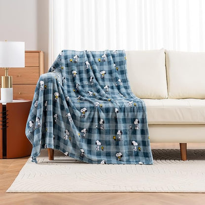 Berkshire Blanket Peanuts® VelvetLoft® Cute Character Snoopy Plush Throw Blanket,Peanuts Snoopy Everyday Buffalo Plaid Navy Tonal,Throw 55 in x 70 in (Official Peanuts® Product)