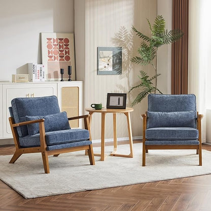 Karl home Accent Chair Wide Armrest Mid-Century Lounge Chair Chenille Armchair with Lumbar Pillow & Solid Wood Frame for Living Room, Bedroom, Balcony, Dusty-Blue