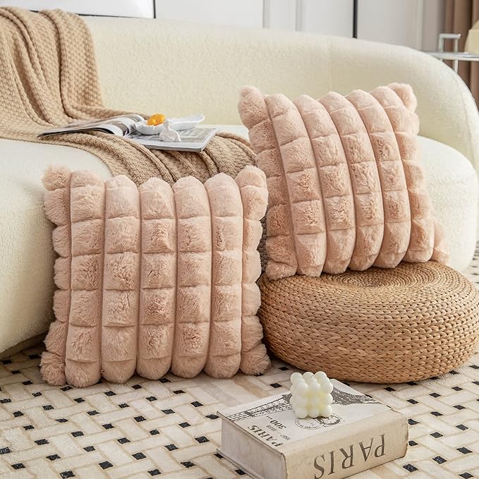 Neelvin Camel Faux Fur Cozy Soft Plaid Decorative Throw Pillow Covers 20x20 inch Set of 2,Velvet Pillowcase Cushion Case for Sofa Couch