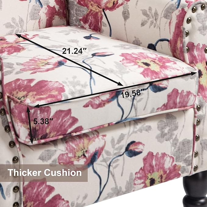 Accent Chair, Upholstered High Back Floral Armchair with Nailhead Trim & Wood Legs, Comfy Wingback Reading Single Sofa Chair for Small Spaces, Living Room, Bedroom-White Floral, Set of 1