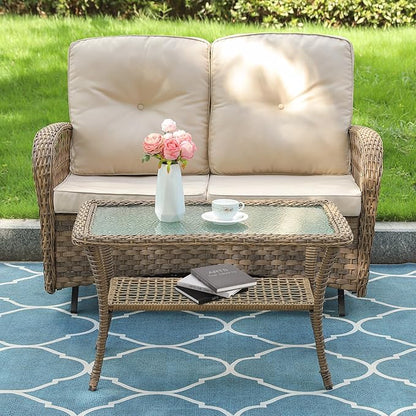 VIVIJASON 2-Piece Patio Wicker Loveseat Glider Set Cushioned, Outdoor Conversation Furniture Sets with 2-Seater Glider Rocking Bench, Coffee Table and Cushions for Porch Garden Poolside, Light Brown