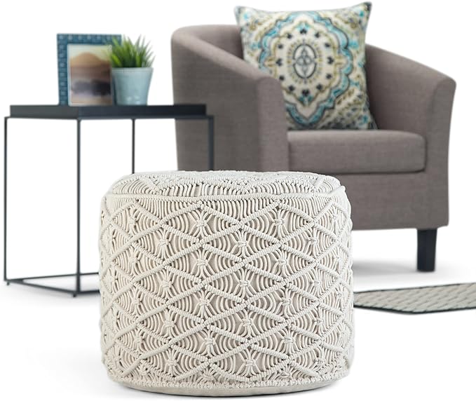 SIMPLIHOME Coates Boho Round Macrame Pouf in Natural Cotton for the Living Room, Bedroom and Kids Room