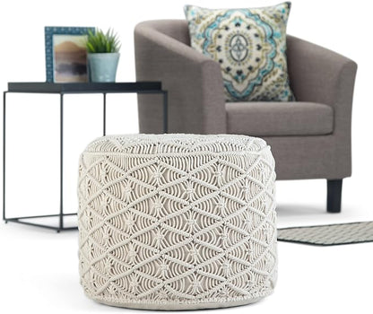 SIMPLIHOME Coates Boho Round Macrame Pouf in Natural Cotton for the Living Room, Bedroom and Kids Room