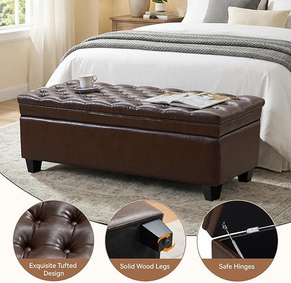50" Faux Leather Storage Ottoman Bench, Rectangular End of Bed Storage Bench, Upholstered Large Tufted Ottoman with Storage for Living Room, Bedroom, Entryway,Dark Brown