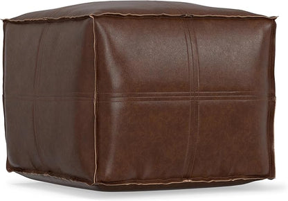 SIMPLIHOME Brody 18-inch Wide Square Pouf in Distressed Dark Brown Vegan Faux Leather, Boho-Style Ottoman, Footstool or Extra Seating for Living Room, Assembled