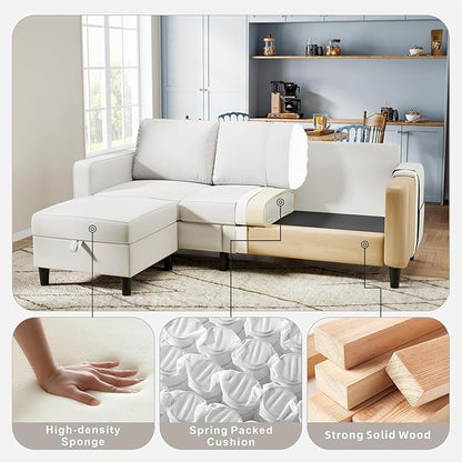 Sectional Sofa and Couches for Living Room, 78'' Beige 3 Seat L-Shaped Couch with Movable Ottoman, Comfy Linen Convertible Sectionals Sofas with Chaise for Apartment, Office, Small Space