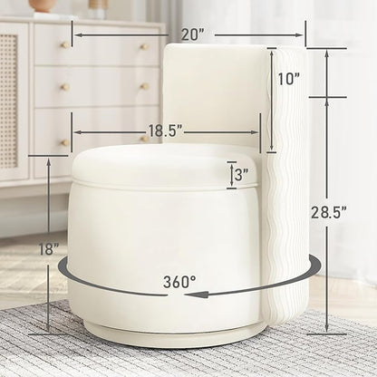 360° Swivel Accent Chair with Storage, Vanity Stool with Back, Velvet Storage Ottoman, Upholstered Round Barrel Vanity Chair for Living Room, Makeup Room, Bedroom (White High-Back)