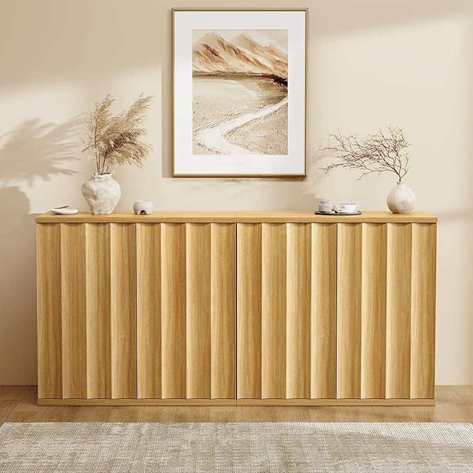 2 Pack Fluted Sideboard Buffet Cabinet with Storage, 31.5" Modern Kitchen Cabinets with Doors, Coffee Bar Buffet Cabinet for Kitchen, Entryway Cabinets for Living Room, Natural