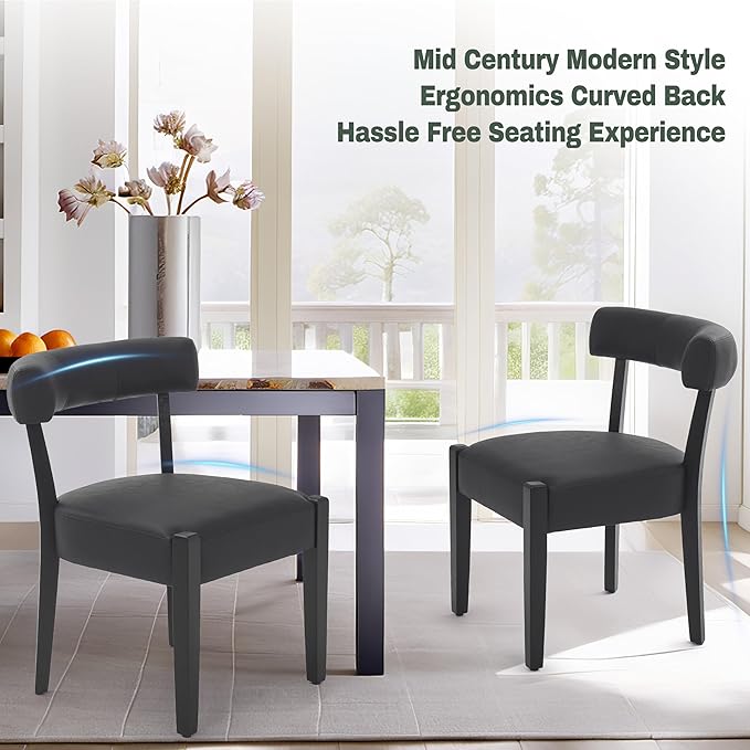 Modern Black Dining Chairs Set of 6, Faux Leather Upholstered Kitchen & Dining Room Chairs, Mid Century Modern Wooden Dining Chairs Oversized Sturdy Rounded Chairs Curved Back