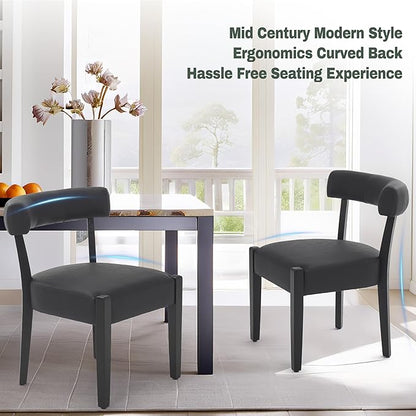 Modern Black Dining Chairs Set of 6, Faux Leather Upholstered Kitchen & Dining Room Chairs, Mid Century Modern Wooden Dining Chairs Oversized Sturdy Rounded Chairs Curved Back