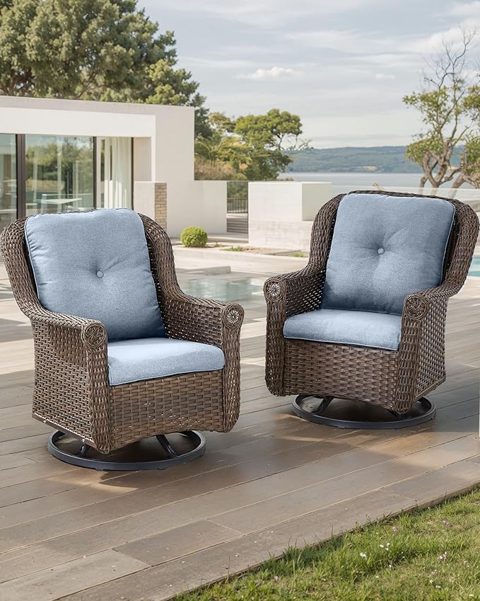 Patio Chairs Outdoor Swivel Glider - Set of 2 High Back Outside Brown Wicker Rattan Rocking Chair with Thick Cushion for Porch Apartment Deck Yard Poolside Garden - Baby Blue